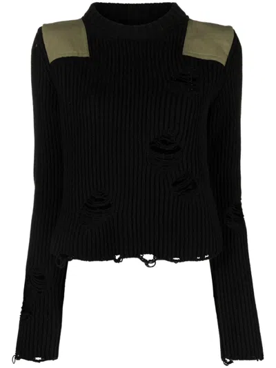 Mm6 Maison Margiela Black Shoulder Pad Distressed Jumper In Schwarz
