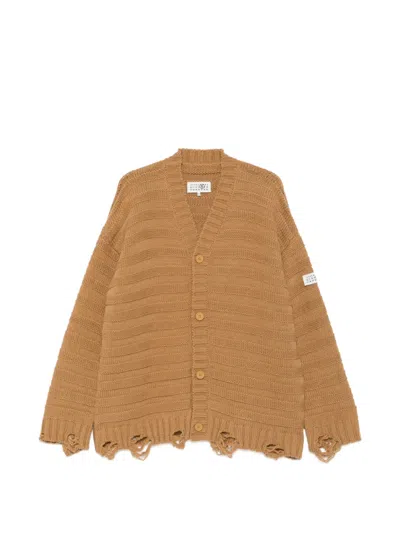 Mm6 Maison Margiela Distressed Ribbed-knit Cardigan In Neutral