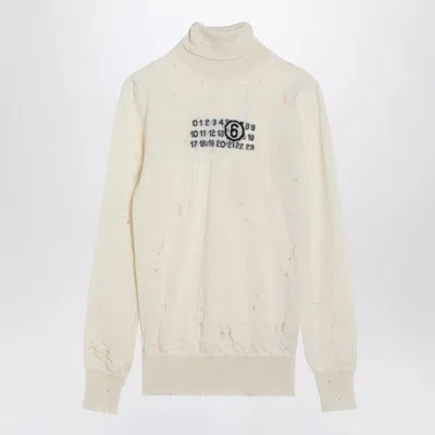 Mm6 Maison Margiela Distressed Turtleneck Sweater With Numeric Signature In Neutral