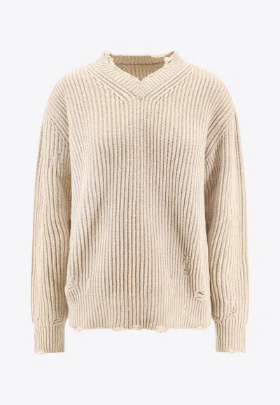 MM6 MAISON MARGIELA DISTRESSED V-NECK RIBBED SWEATER