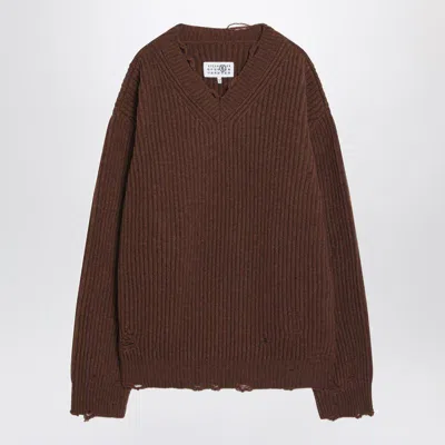 Mm6 Maison Margiela Distressed Wool-blend Sweater In Burgundy