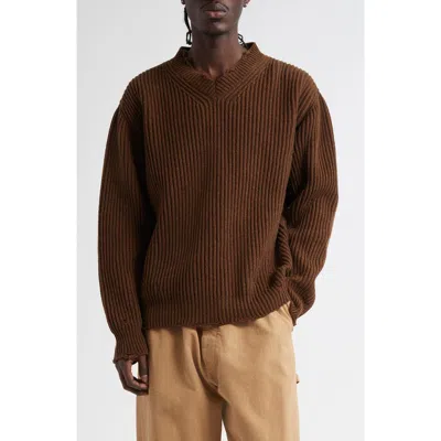 Mm6 Maison Margiela Distressed Wool Blend V-neck Sweater In Brown