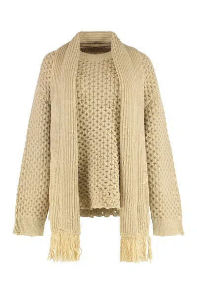 Mm6 Maison Margiela Distressed Wool-blend Crewneck Sweater With Ribbed Knit Scarf Detail In Neutral