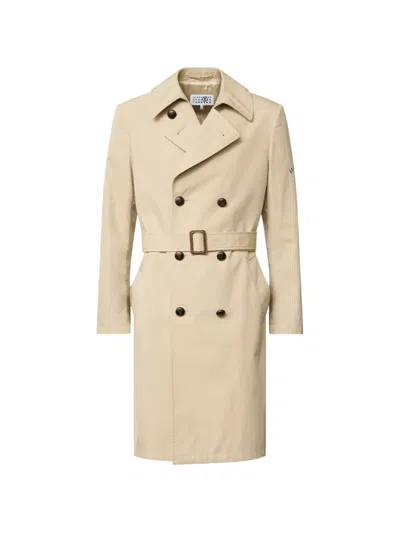 Mm6 Maison Margiela Double-breasted Belted Cotton Trench Coat In Neutral