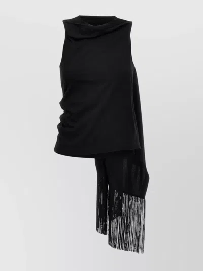 Mm6 Maison Margiela Draped Crew Neck Top With Fringe Detail In Black