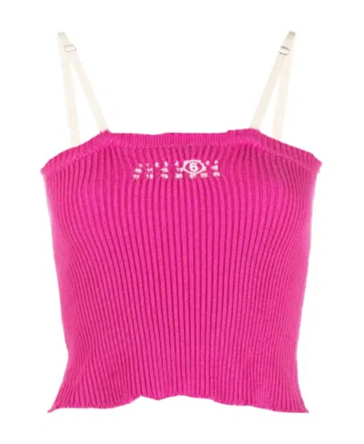 Mm6 Maison Margiela Embroidered-logo Knit Crop Top In Pink