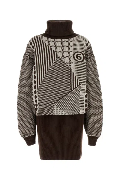 Mm6 Maison Margiela Embroidered Wool Blend Mini Sweater Dress In Brown