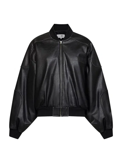 Mm6 Maison Margiela Faux Leather Oversized Bomber Jacket In Black
