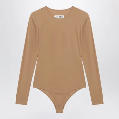 Mm6 Maison Margiela Flesh-tone Long-sleeve Lycra Jersey Bodysuit In Brown