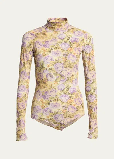 Mm6 Maison Margiela Floral Mock-neck Bodysuit In 001s Yellow Printed