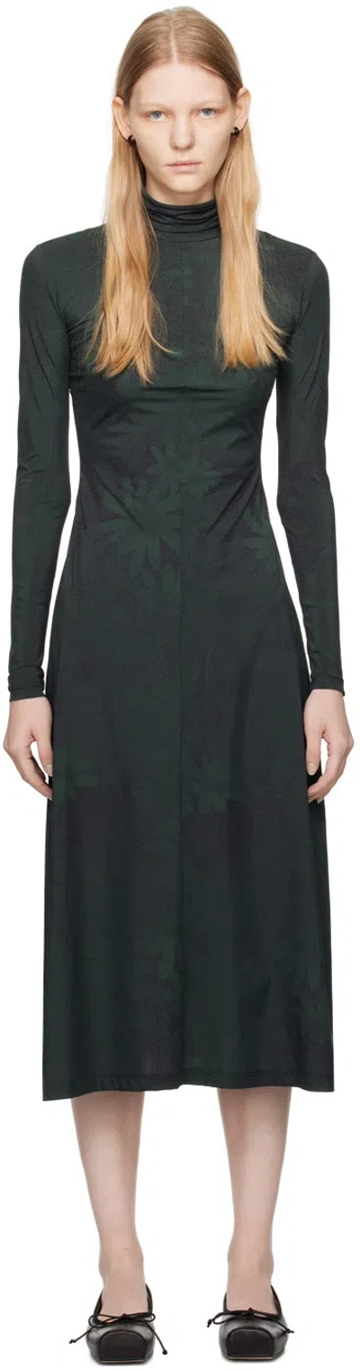 Mm6 Maison Margiela Floral-print High-neck Midi Dress In Black