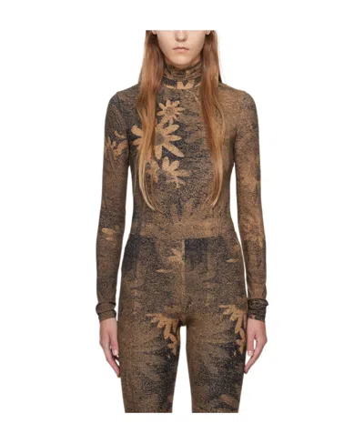 Mm6 Maison Margiela Flower-print High Neck Bodysuit In Brown