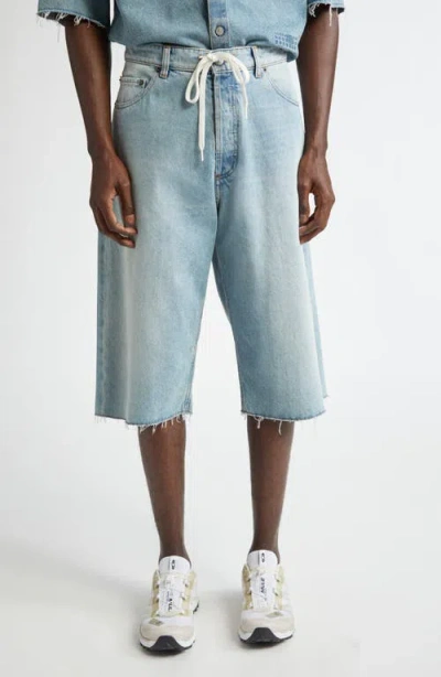 Mm6 Maison Margiela Fray Hem Drawstring Denim Bermuda Shorts In Blue