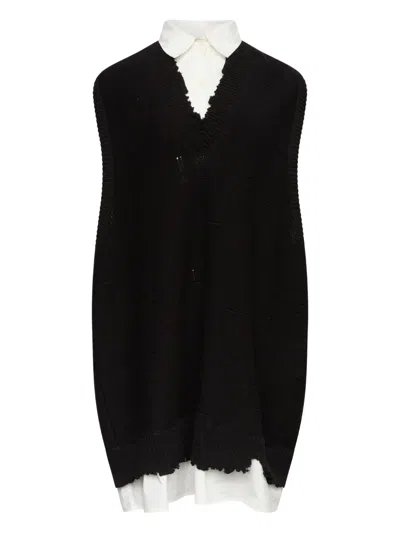 Mm6 Maison Margiela V Neck Sleeveless Layered Distressed Hem Dress In Black