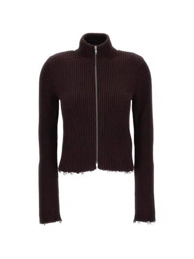 Mm6 Maison Margiela Cropped Ribbed Knit Cardigan With High Neck Design In Black