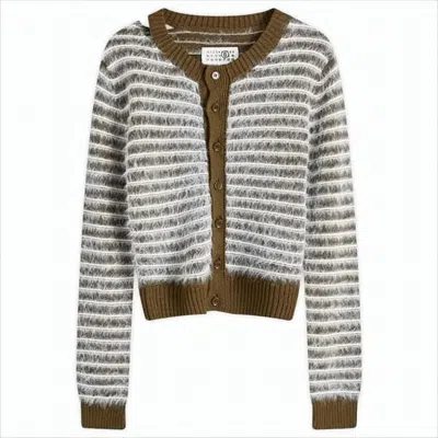 Mm6 Maison Margiela Fuzzy Knit Cardigan With Textured Stripes And Button-down Front In Multi