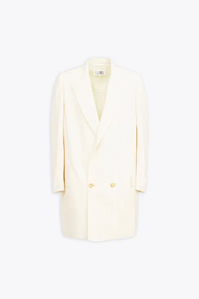 Mm6 Maison Margiela Giacca Off White Pinstriped Long Double-breated Blazer In Panna