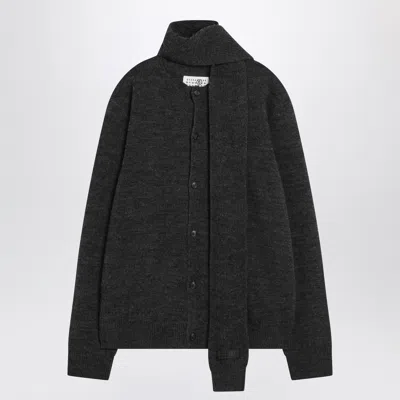 Mm6 Maison Margiela Grey Wool Blend Cardigan With Scarf In Black