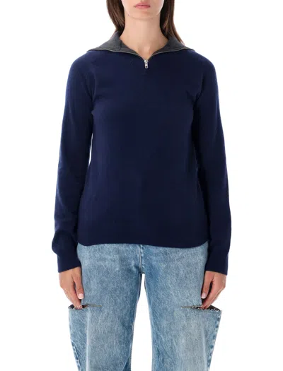 Mm6 Maison Margiela High Collar Knit Sweater With Half-zip Closure In Blue