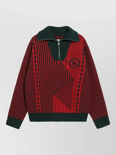 Mm6 Maison Margiela High Collar Textured Knit Color Block Sweater In Red