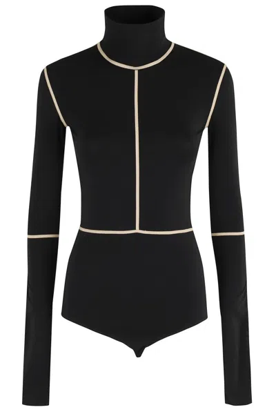 MM6 MAISON MARGIELA HIGH NECK BODYSUIT WITH CONTRASTING BEIGE PIPING