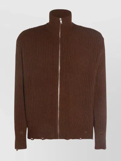 MM6 MAISON MARGIELA HIGH NECK RIBBED CREWNECK SWEATER WITH DISTRESSED ELBOW PATCHES