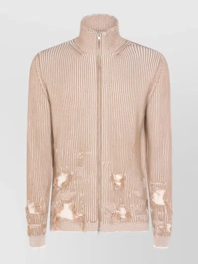 Mm6 Maison Margiela High Neck Ribbed Knit Sweater Distressed In Neutral