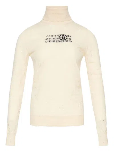 Mm6 Maison Margiela Distressed Turtleneck Sweater With Numeric Logo In Neutral