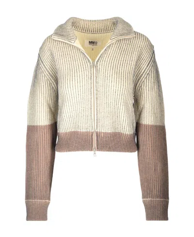 Mm6 Maison Margiela High-neck Zipped Knit Cardigan In Nude