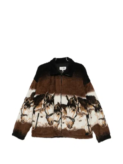 Mm6 Maison Margiela Equestrian-graphic Plush Puffer Jacket In Brown