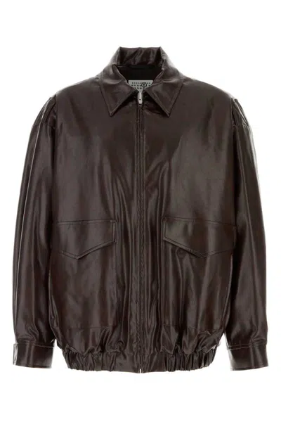 Mm6 Maison Margiela Burgundy Faux Leather Zip Bomber In Brown