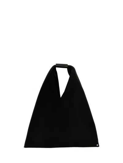 Mm6 Maison Margiela Japanese Leather Handbag With Embossed Logo And Snap Closure In Black