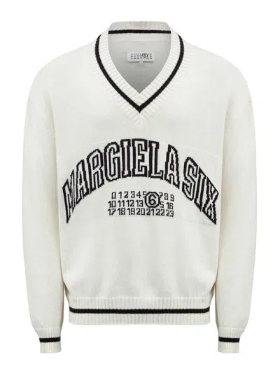 Mm6 Maison Margiela Cotton And Wool Sweater With V-neck In White