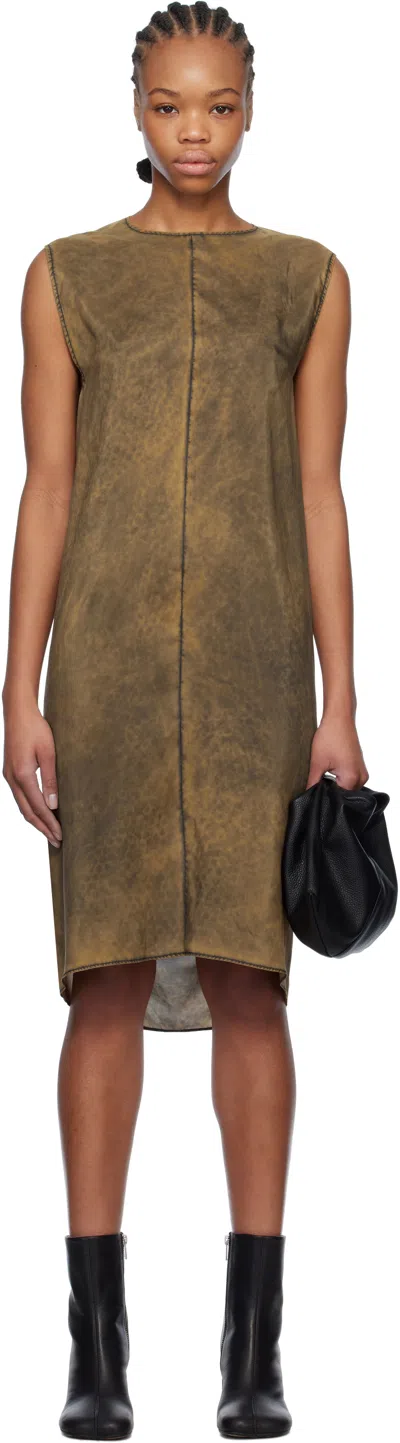 Mm6 Maison Margiela Khaki Light Silk Shift Midi Dress In 961 Rust Black