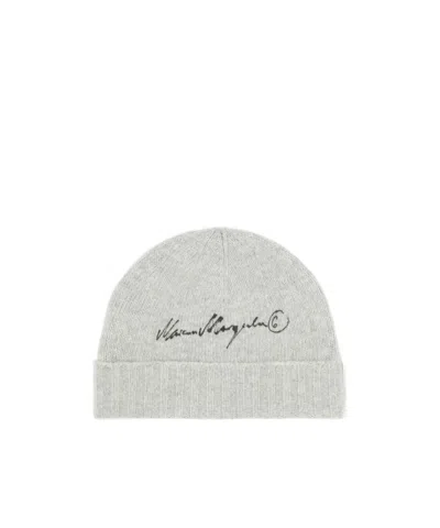 Mm6 Maison Margiela Embroidered Ribbed-knit Beanie Hat In Gray