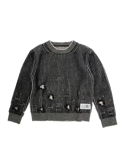 MM6 MAISON MARGIELA BLACK SWEATER WITH RIPPED DETAILS AND LOGO PATCH IN WOOL BOY