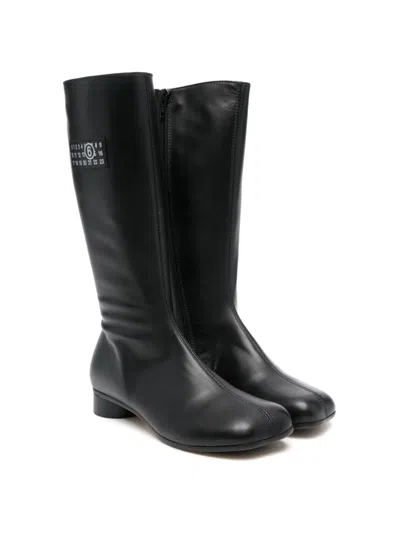 Mm6 Maison Margiela Kids' Logo-patch Leather Knee Boots In Black