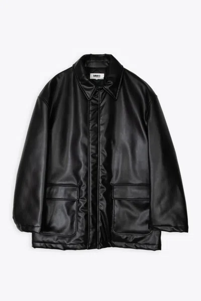 Mm6 Maison Margiela Kaban Black Syntethic Leather Car-coat With Back Logo In Nero