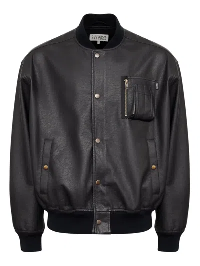 Mm6 Maison Margiela Leather Texture Jacket Front And Chest Pockets In Black