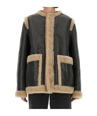 MM6 MAISON MARGIELA MM6 MAISON MARGIELA LEATHER SHEARLING-PANELS CREWNECK JACKET