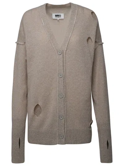 Mm6 Maison Margiela Lightweight Distressed Long Cardigan In Beige