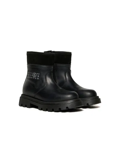 Mm6 Maison Margiela Kids' Branded Leather Midi Boots In Black