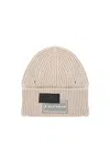 Mm6 Maison Margiela Ribbed Knit Beanie With Folded Cuff And Decorative Patches In Brown