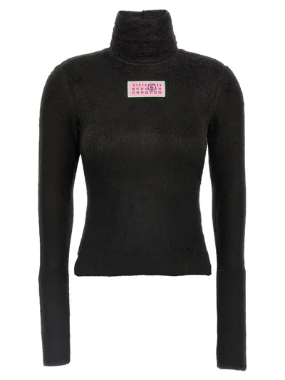 Mm6 Maison Margiela Black Furry Jersey Long Sleeve Turtleneck