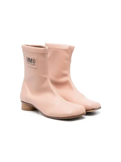 Mm6 Maison Margiela Kids' Logo-patch Leather Ankle Boots In Pink