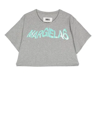 Mm6 Maison Margiela Logo Print Cropped Cotton T-shirt In Grey