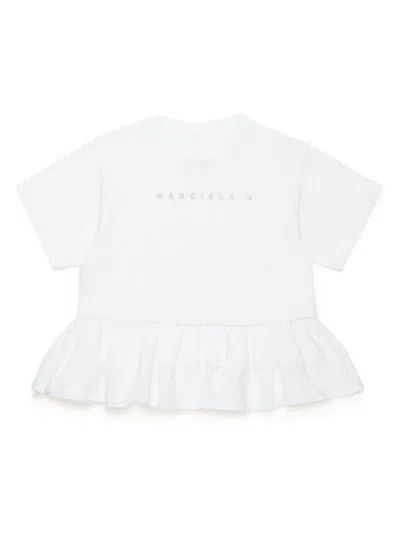 Mm6 Maison Margiela Kids' Logo印花荷叶边细节t恤 In White