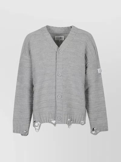 MM6 MAISON MARGIELA LOGO V-NECK DISTRESSED HEM SWEATER