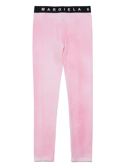 Mm6 Maison Margiela Kids' Logo-waistband Tie-dye Print Leggings In Pink