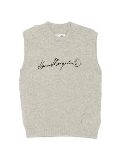 Mm6 Maison Margiela Melange Grey Wool Blend Knit Vest With Signature In Gray